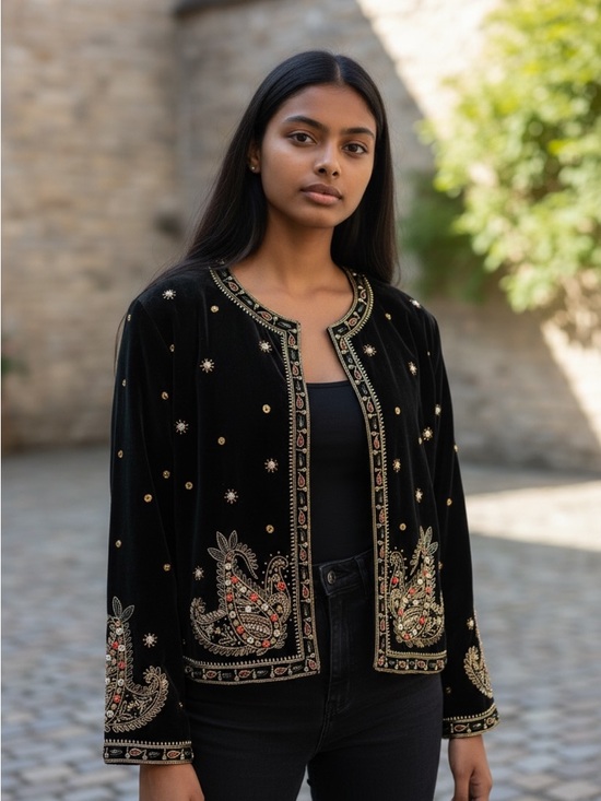 Vintage Sweaters - Vintage Leslie Fay Evenings Gala Jacket Velvet Spanish Boho Beading Embroidery